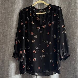Dalia brand sheer black blouse with 3/4 sleeves & watercolor flowers - Large